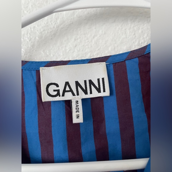 GANNI Striped Organic Cotton Peplum Blouse Blue Burgundy Tie Front Top Size 34 - Picture 3 of 5